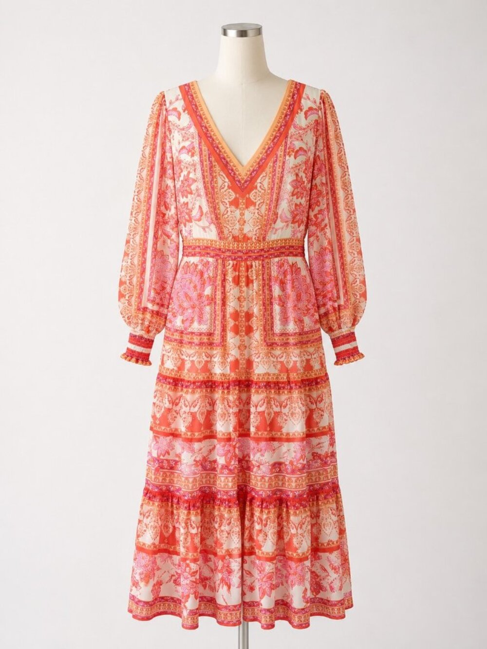 Flying Tomato Boho Midi Dress Women’s Medium Orange Pink Long Sleeve NWOT